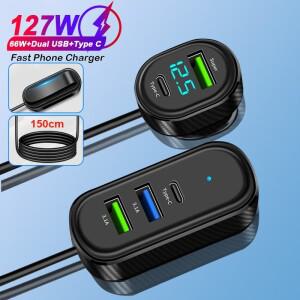 5Ports 127W max Car Phone Charger 66W Super Charging Dual USB+Type C with 150CM Long Cable for Front