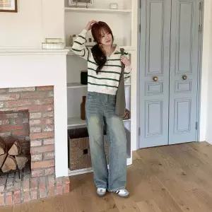 [다잇템] 여자 콘트라스트 카라넥 단가라 슬릿 아크릴혼방 니트