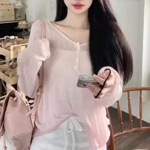 데이트 여름 긴팔 티 레이어드 시스루 여리 핏 여자