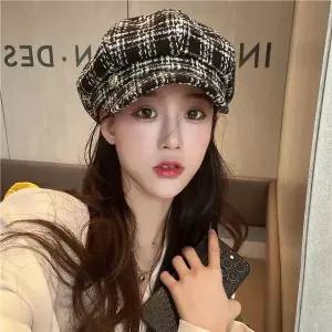 여성 트위드 체크 뉴스보이캡 팔각모 겨울모자 2색