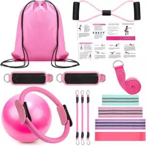 라운드퍼니 필라테스 링 서클 세트 15개 운동기구 액세서리 여성용 운동 볼 스트레칭 스트랩 짐 백팩 저항