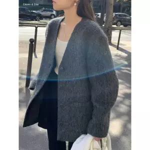 글로아픽 11번가 울 포켓 레트로 겨울 자켓 오버핏 V넥 여성 숏코트 더블 코