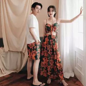 커플 휴양지룩 신혼여행 비치웨어 바캉스 여름 시밀러룩 비치웨어 원피스 셔츠 세트