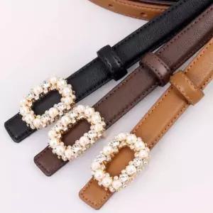 사각 버클 장식 여성용 빅진주 큐빅 가죽 벨트
