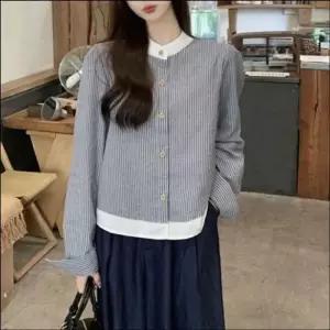 여자 배색 긴팔 남방 세로 차이나카라 셔츠 스트라이프