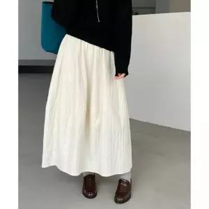 버터모네 여리핏 체형커버 도톰 포함 주름 플리츠 하이웨이스트 밴딩 간절기 미디롱스