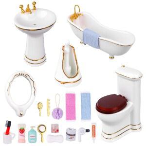 HCEWSBFD 1:12 인형의 집 미니어처 도자기 욕실 세트 5Pcs 화이트 세라믹 변기 욕조 거울 15Pcs 인형 액세서리 빗, 배스볼, 물컵, 칫솔 치약 포함 가구
