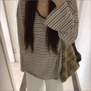 여자 긴팔티 단가라 캐주얼 루즈핏 배색 스트라이프