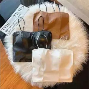 캐미탑 캡내장 크롭 레더끈나시 이너탑 민소매 셔링