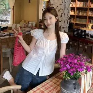 WL MFNC050179 - 리본 스트랩 핀턱 썸머 블라우스 WFLPOJ9