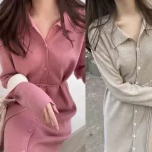 롱원피스 하객 단추 H라인원피스 허리끈 루즈핏 (WFKHKQE)