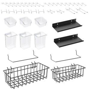 Daanxw 페그 보드 액세서리 키트, 쓰레기통, 컵, 와이어 바구니, 종이 타월 홀더가 포함된 페그보드 후크 구색은 차고 작업대 공예실 정리 도구(투명 컵+박스)에 사용할 수 있습니다