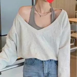 오프숄더 브이넥 세미 크롭 탑 홀터넥 레이어드 티셔츠 WFLQNO7