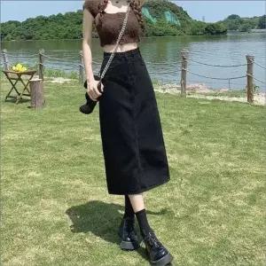 고품질 여성 H라인 롱스커트 흑청 블랙 데님 하이웨스트 치마 (WFKKHXE)