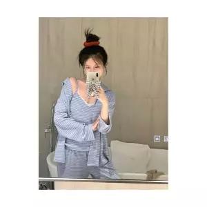 커플 잠옷세트 겨울 도톰 기모 면 스트라이프 쓰리피스 실내복 잠옷 세트 원템4