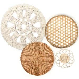 타투오 4종 세트 보호 벽걸이 바구니 장식 원형 라탄 속이 빈 대나무 꽃 모양 평평한 직조 벽 걸이 침실 거실용 마크람 태슬 태피스트리