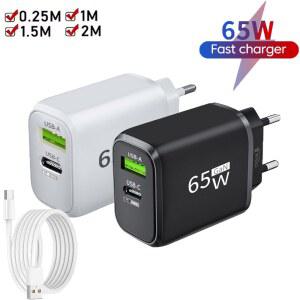2 in 1 USB C GaN 충전기 65W 고속 충전 어댑터 10A USB to 타입 C 데이터 케이블 PD + USB QC3.0 충전기 아이폰 삼성 샤오미용