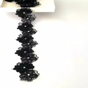 2야드 3D 진주 구슬 꽃 레이스 트림 리본 장식 자수 원단 DIY 공예 (블랙)