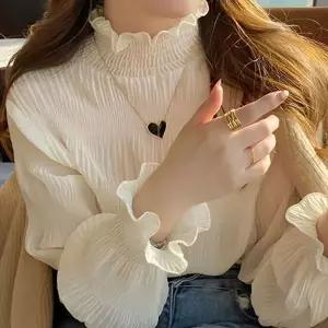 여자 시스루 주름 블라우스 반폴라 데이트룩