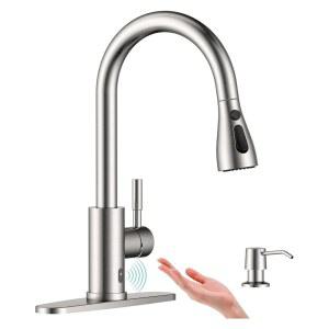 풀다운 스프레이가 장착된 APPASO 터치리스 주방 수도꼭지 싱크대 브러시드 니켈 핸즈프리 모션 센서 수도꼭지로 1구 또는 3구 스테인리스 스틸에 적합합니다