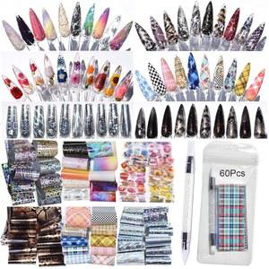 네일 아트 트랜스퍼 포일, 60피스, 말린 7.87 동물 x 혼합 실리콘 꽃, 대리석, 펜 패턴, - 프린트, 1.57 이리데센트, 인치(60) 체크무늬 1개 디자인 각인