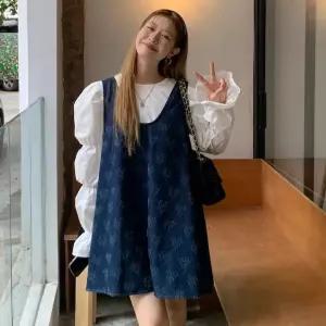 BANHANY 디에나 ？？퍼프 소매 블라우스 데님 뷔스티에 미니 원피스