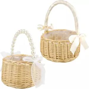 진주 손잡이가 달린 야 위커 플라워 걸 바구니 야외 피크닉 홈 웨딩 가든 장식용 라탄