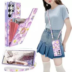 Casewind 갤럭시 S24 울트라 케이스 지갑, 카드 홀더 및 랜야드 포함, 귀여운 3D 유화 꽃무늬 크로스바디 [