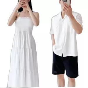 여성 끈나시 롱원피스 남자 셔츠 커플룩 시밀러룩 휴양지룩 바캉스룩 비치웨어