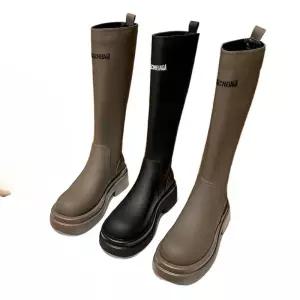 가죽롱부츠 8cm굽 속굽키높이 그레이 소가죽 롱부츠