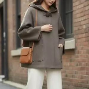 여성 심플 후드 A라인 울 모직 자켓