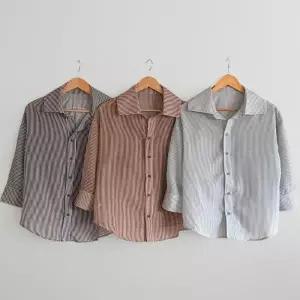 여성 시스루 스트라이프 반팔 카라 블라우스