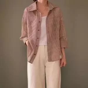 여성 시스루 스트라이프 카라 블라우스 팔소매 박시핏