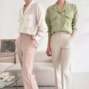 시스루셔츠 플랩 하늘거리는 연두색 봄남방 루즈핏