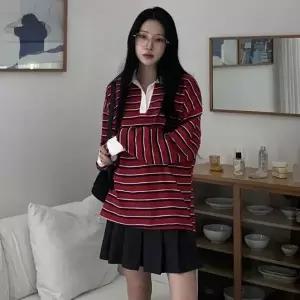 스트라이프티셔츠 피케티 카라넥 오버핏 박스 면티