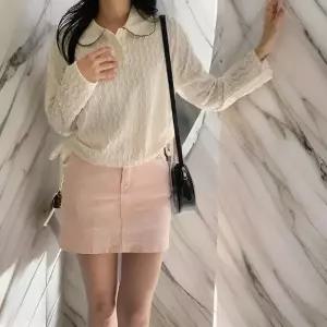 스칼럽 빅카라 웨이브 펀칭 시스루 긴팔블라우스 크롭