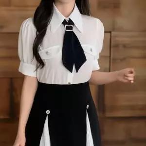 여성 시스루 큐빅 장식 카라넥 반팔 블라우스