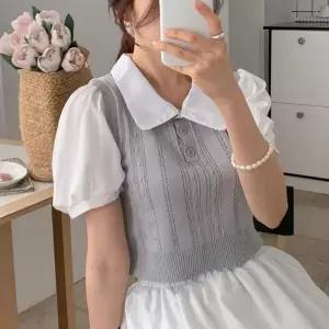 꽈배기조끼 니트뷔스티에 빅카라 퍼프반팔 크롭블라우스