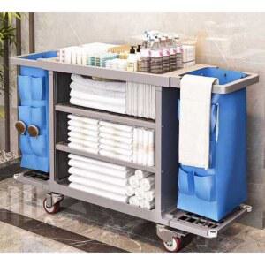 무음휠 메이드 3단 용구 수납함 더티 파우치 룸메이트 비품 린넨카트 파란색원뿔형 객실 타일형 1 호텔 청소 침구류 양쪽