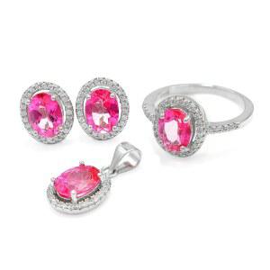 8X6 MM 오벌 컷 내추럴 핑크 토파즈 보석 반지 귀걸이 & 펜던트 여성용 주얼리 세트 925 스털링 실버 웨딩 유니 프로포즈 사랑과 우정 선물 여자친구