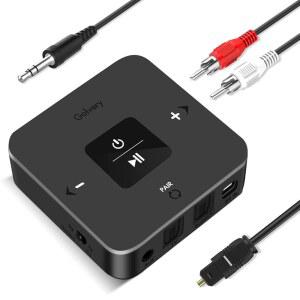 TV 비행기용 Golvery Bluetooth 5 0 송신기 수신기, PC /DVD /MP3 /홈 스테레오 /스피커 /짐, 광학 /RCA /AUX 연결, 25시간 시간, 듀얼 링크, 볼륨 조절