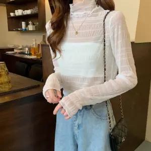 시스루 긴팔 블라우스 레이스 러플 반목 퍼프 소매 긴팔티 셔츠