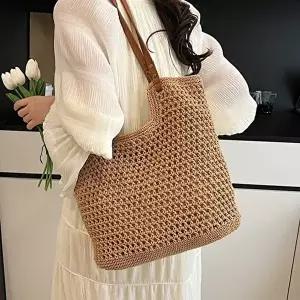 여성용 여름 데일리 라탄 숄더백 바캉스 비치 토트백-WFIU1VK