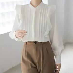 [오노마] ONM 프릴 핀턱 긴팔 블라우스 A라인 핏 화이트 블라우스 (S11326293)