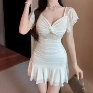 여자 하트넥 글램핏 레이스 망사 셔링 미니 원피스