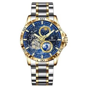 GLENAW 남성용 자동 시계, 회전 지구 다기능 기계식 시계 스타리 스카이 다이얼 스틸 밴드 스톱워치 선 문 스타즈 8950-골드 블루1