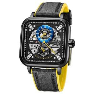 로코스제위 남성용 자동 시계 스켈레톤 기계식 스테인리스 방수 충격 방지 캐주얼 아날로그 드레스 가죽 밴드 빈티지 스퀘어 비즈니스 손목시계 RW00917