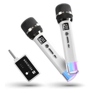 [미국배송] 무선 마이크 일대일 칩 연결 및 LED 조명이 있는 40시간 지속 시간 200FT 범위 수신 노래 연설 홈 파티를 위한 볼륨 조절 노래방 YOUTUBE/TIKTOK