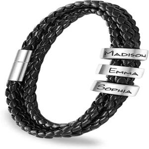 샤인샌드 맞춤형 구슬이 달린 남성 가죽 팔찌 이름이 새겨진 브레이드