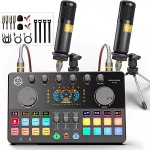 팟캐스트 장비 번들 2인용 오디오 믹서 음성 변경 및 XLR 다이내믹 마이크 보컬 녹음 스트리밍 비디오 노래